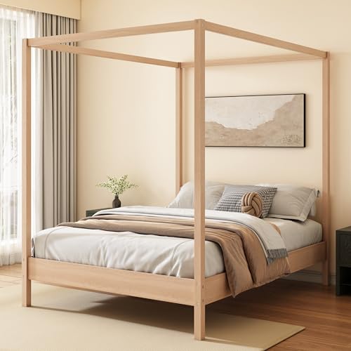 RuiSiSi Solid Wood Queen Size Canopy Bed Four Poster Platform Bed with Slats Support,Wood Canopy Bed Frame Queen 4 Poster Bed Frame, Natural