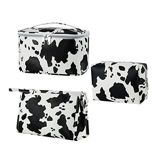 HooOriana Makeup Bag Set Cosmetic Bag 3 Pieces Small Makeup Bags for Women with Cow Animal Milk Mini Cute style Travel Cosmetic Bag Set Travel Pouch Bags