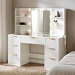 LUXOAK Fluted Dressing Table with Mirror & LED Lights, 7-Drawer Makeup Vanity with Glass Top, Charging Station & Hair Dryer Holder for Women & Girls, White