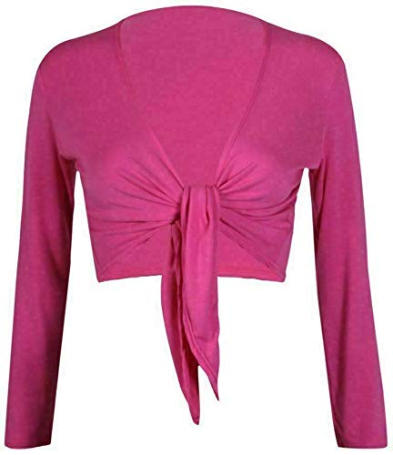 Womens Long Sleeve Tie Up Bolero Shrug Ladies Plain Cropped Party Wear Shrug Cardigan Fuchsia