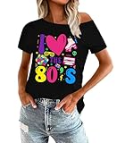 OCURHU 80s Outfit for Women I Love The 80's Vintage Off Shoulder Top Neon Graphic Short Sleeve Tshirt Black L