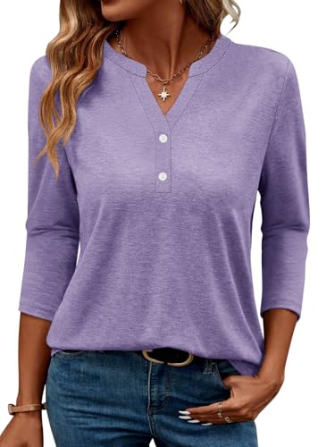 TICTICMIMI Women's V Neck 3/4 Sleeve Tops Button Down Casual T Shirts Basic Loose Fit Tunic Blouse Lavender