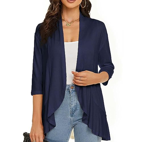 Image of Womens Lightweight Cardigan Open Front Cardigans Soft Draped Ruffles 3 /4 Sleeve Cardigan (S-3XL)