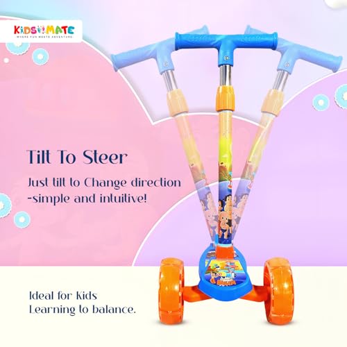Image of Kidsmate Chhota Bheem Kick Scooter with Broad LED PVC Wheels | Non-Slip Wide Deck with Push Brake Kids Scooter for Age 3+ Yrs | 4-Level Height Adjustable | Max User Weight 50Kg - Blue