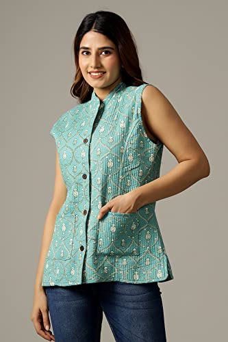 Image of Ravaiyaa - Attitude is everything Women's Floral Printed Reversible Quilted Jacket Coat Blazer Jacket Sleeve Less Waistcoat