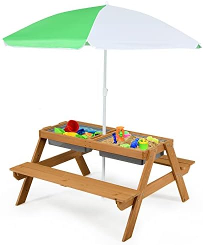 Costzon Kids Picnic Table, 3 in 1 Sand & Water Table w/Height Adjustable Umbrella, Removable Tabletop, Children Outdoor Toy Playset w/2 Play Boxes, Wooden Convertible Activity Play Table