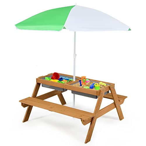 Costzon Kids Picnic Table with Sensory Bins, 4 in 1 Sand and Water Table with Height Adjustable Umbrella, Removable Tabletop for Outdoor Backyard Patio Play