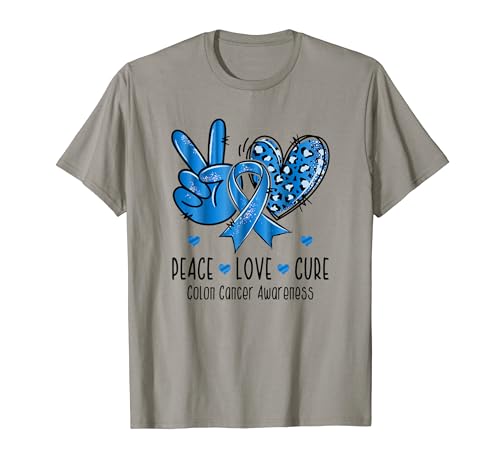 Peace Love Cure Blue Colon Cancer Awareness Bleached T-Shirt