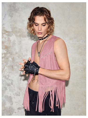 Image of Verdusa Men's Sleeveless V Neck Studded Detail Fringe Trim Open Front Vest Jacket Pink Small