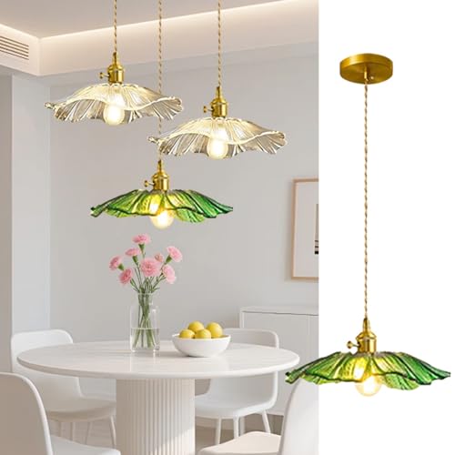 PANNN Suspension En Verre Vert E27 Lustre Vintage En Laiton Chandelier Floral Blanc Lamp Contemporain Pour Table À Manger Style Nordique Convient Pour Salle...