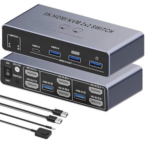 Image of 8K HDMI KVM Switch for 2 Monitors 2 Desktop Computers, Dual Monitor HDMI2.1 USB 3.0 KVM Switcher 2 Desk PCs Share Keyboard Mouse Printer Support Extended and Mode