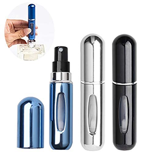 3Pcs Bouteille Vaporisateur de Parfum de Voyage, 5ml Vaporisateur Parfum Rechargeable Mini Portable Bouteille de Parfum Rechargeable Atomiseur Vaporisateur pour Voyage (Bleu Noir Argent)
