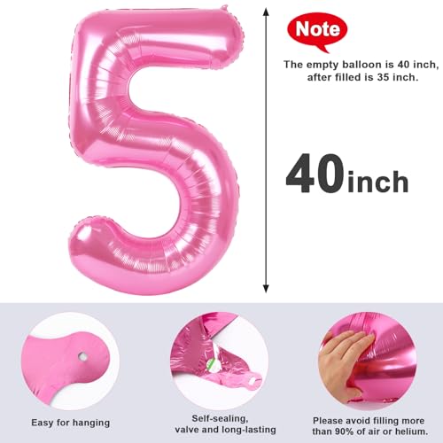 Image of 5 Balloon Numbers Birthday Decorations, 40In Pink Balloons for Men Women | Eye-catching Appearance, Perfect Decorative Centerpieces, Convenient Self-sealing Structure, Widely for Various Occasions