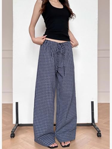 Women's Striped Pants Drawstring Elastic High Waist Loose Wide Leg Plaid Palazzo Pants with Pockets3