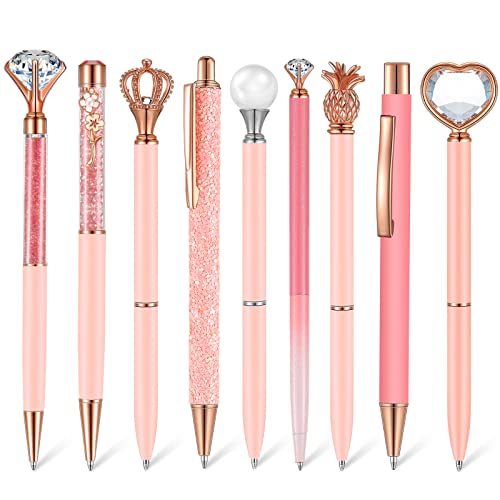 Janmini 9 Pcs Ballpoint Pens Set Metal Crystal Diamond Glitter Pens for Journaling Black Ink Pretty Cute Things Fancy Stationery Gifts for Women Girls Birthday Home Office Desk(Light Pink)