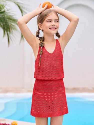 Image of Haloumoning Girls Sleeveless Crochet Swimsuit Cover Up Kids Summer Hollow Out Knitted Beach Dress 7-14 Years