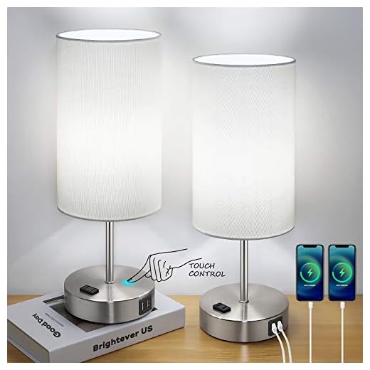 Set of 2 Touch Control Table Lamps with 2 USB Charging Ports&AC Outlet, 3-Way Dimmable Bedside Nightstand Lamps with White Fabric Lampshade for Reading, Bedroom, Living Room, A19 LED Bulbs Included
