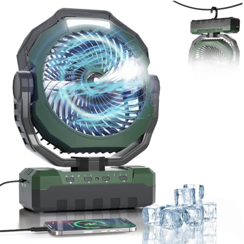 460ml Tank Portable Misting Fan 36000mAh Rechargeable Battery Powered Camping Fan with 4 Speeds 3 Timers 2 Light Modes Jobsite Beach Summer Essentials Mist Fan for Indoor Outdoor Patios Travel Green