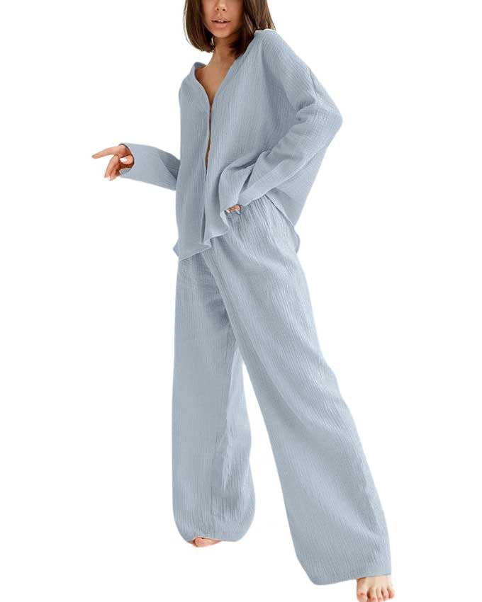 codcm Womens Cotton Gauze Loungewear Sets Casual 2 Piece Sleepwear Button Down Shirt and Wide Leg...