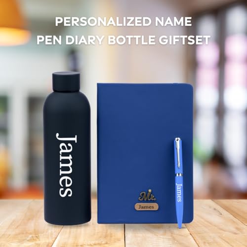 Image of Personalized Name & Charm On Diary Pen & Bottle 3pcs Combo Gift Set for Men & Women Customized Corporate Office Farewell Birthday Gift for Employees Corporate Gift for Clients, Combo Gift Set For Family and Friends (Blue)