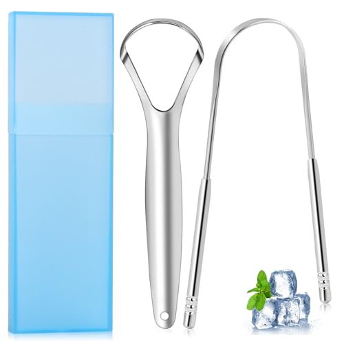 Brencco Pulisci Lingua in acciaio, Raschietto lingua con Custodia, 2 Pezzi Nettalingua, Tongue Scraper per Igiene Orale, Riutilizzabile Set