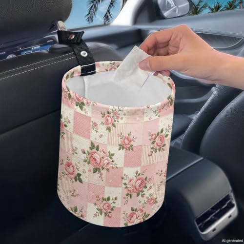 Image of Pink Flower Print Car Trash Can Portable Collapsible Back Seat, Front Seat, Floor, or Hanging Headrest Waste Basket Car Accessories Interior