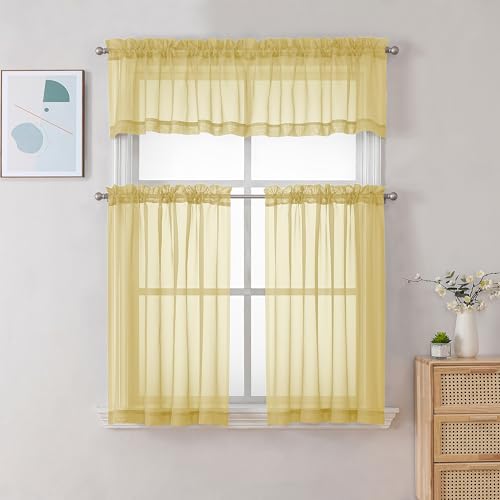 Image of Chyhomenyc Mustard Yellow Sheer Valances for Windows - Light Filtering Small Kitchen Curtains, Short Top Window Treatment Decor for Living Room Bathroom Basement, 42Wx18L inches, 2 Pack