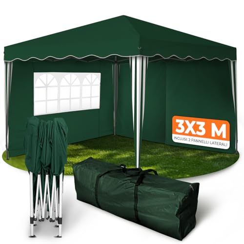 Kronenburg-Store Gazebo Pieghevole 3x3m Impermeabile, Tendone da Giardino con 2 Pareti Laterali, Protezione UV 50+, Borsa di Trasporto, Ideale per Feste e Mercati, Vert