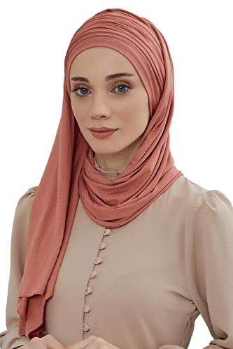 Jersey Shawl for Women 95% Cotton Bonnet Turban Cap Wrap Instant Scarf Salmon
