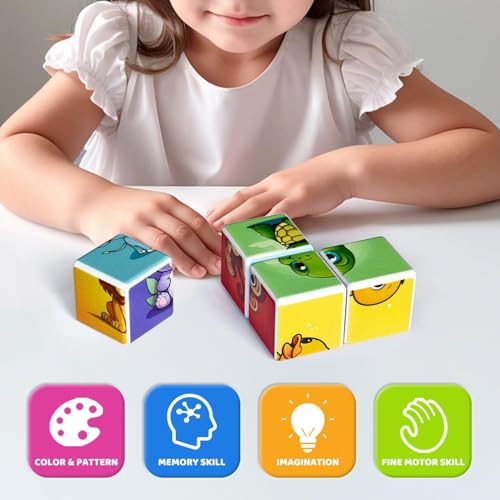 Image of Pairez Toys 3D Magnetic Cubic Jigsaw Puzzle Toys for Toddlers, Large Building Blocks Cubes 1.65 Inches, Integrated with Magnets, 6 Patterns in Animal Theme