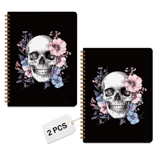 Image of 2 PCs Gothic Skull Spiral Notebook Floral Skull Journaling Notebooks Goth Aesthetic Design Note Book Writing Journal Hardcover Notebook Classroom Office Supplies Gifts for Women Teen Girls