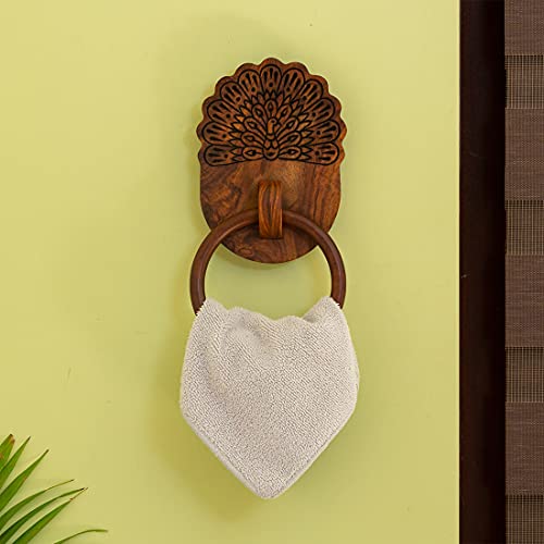 Image of ExclusiveLane 'The Dancing Peacock' Hand Carved Wooden Towel Holder for Kitchen in Sheesham Wood - Hand Towel Stand Hand Towel Holder for Bathroom Wall Mounted Towel Hangers for Bedroom Wash Basin