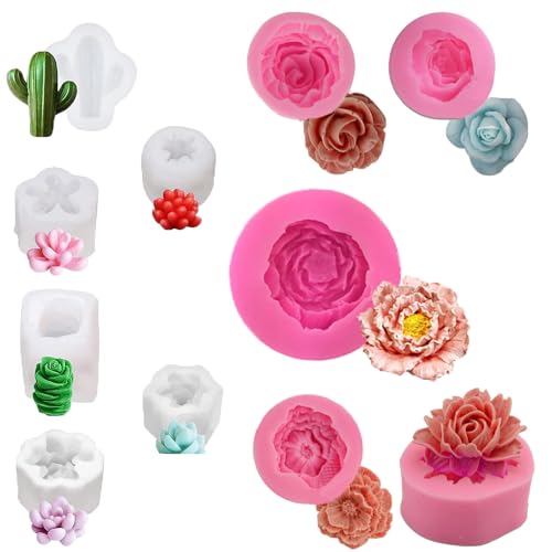 11 Stück Sukkulenten Silikonform Blumenformen, Kaktus Harz Form Blüte Rose Silikonkerzenform für DIY handgemachte Seife Kuchen Dekoration Kerze machen Epoxidharz Polymer Ton Dessert Schokolade
