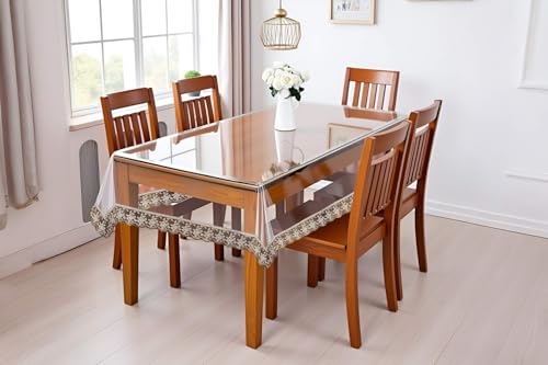 Image of The Furnishing Tree Rectangle Shaped 6 Seater Transparent Table Cover WxL 60x90 inches 0.25 mm Thickness with Golden Lace