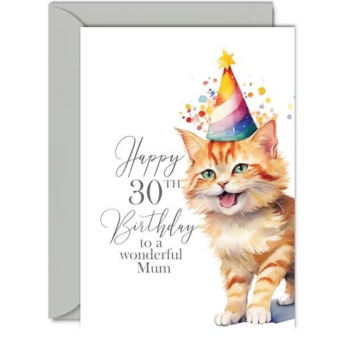30th Birthday Cards for Mum - Party Cat Kitten - Happy Birthday Card for 30 Year Old Mum from Daughter Son, A5 Bday Woman Women Her Greeting Cards Gift for Mum Birthday Gifts