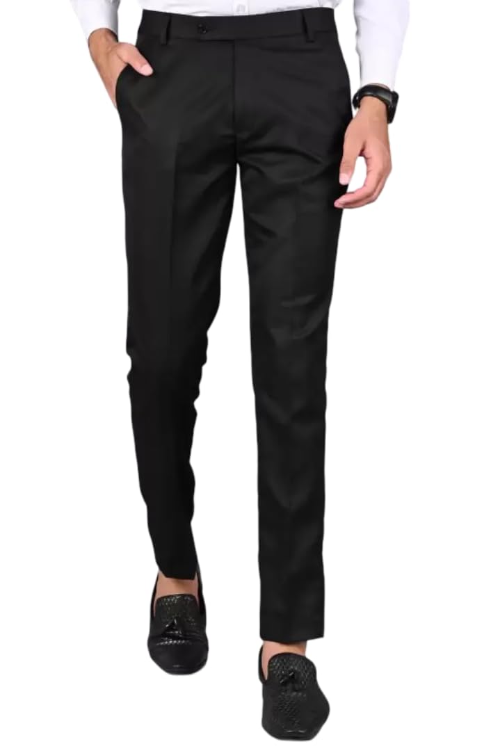 Men's Black Formal Slim Fit Trousers, Solid Colour, Office Wear-image-45