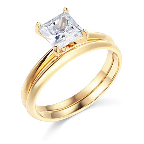 Wellingsale Ladies Solid 14k Yellow -OR- White Gold Polished CZ Cubic Zirconia Princess Cut Engagement Ring and Matching Band Bridal Set2