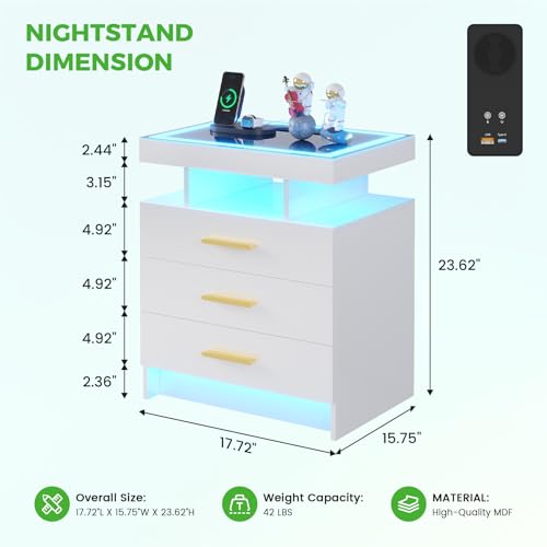 Image of HNEBC Night Stand Set 2 with LED Lights, High Gloss Nightstand with 3 Drawers,Wireless&USB&Type-C Charging Station,Smart Side Tables with Tempered Glass Top for Bedroom,Living Room,Office-White