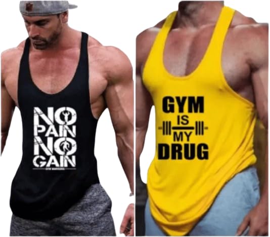 Men's Muscle Sleeveless Printed Vest Combo (Medium, Black-No Pan and Yellow-Gym)-image-25