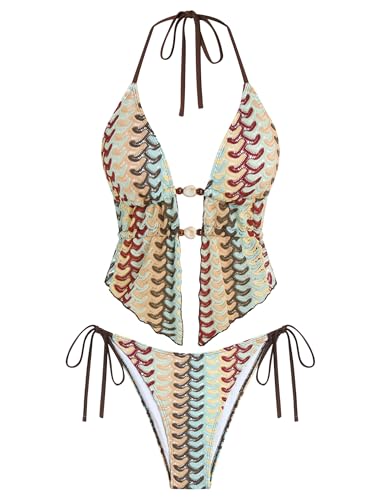 Image of ZAFUL Halter Swimsuits for Women Textured Backless 2 Piece Bathing Suits Cheeky High Cut String Tie Side Bikini Sets