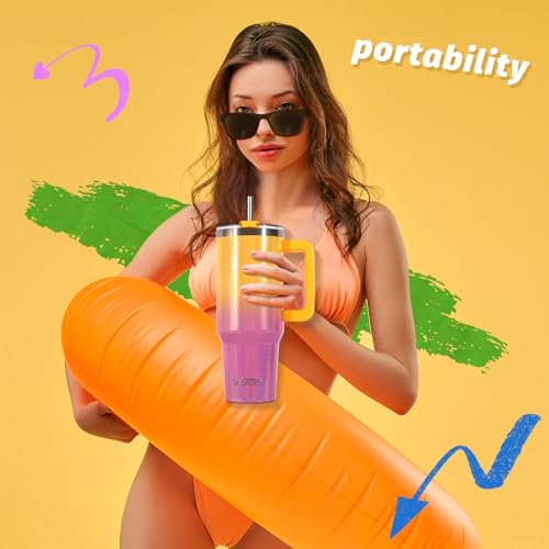 Image of 40 oz Shiny Tumbler with Handle and Straw,Stainless Steel Tumbler with Lid and Straw,Insulated Travel Mug(Cold for 34 Hours),Water Bottle for Iced Tea,Coffee (Yellow)
