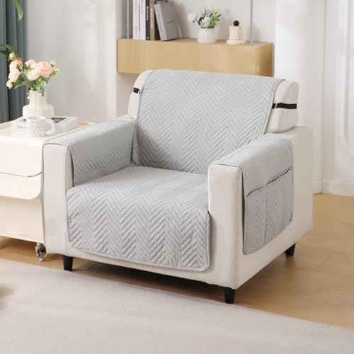 Image of HOKIPO Polyester Quilted 1 Seater Sofa Cover Mat with Pockets, Light Grey (In-801-Lgry)