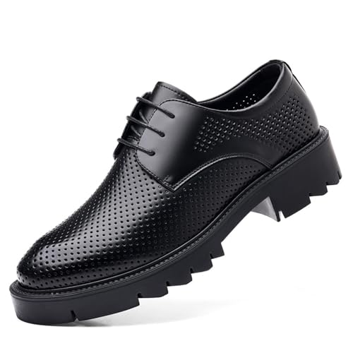 Men's Fashion Breathable Hollow Polishing Patent Leather Chunky Platform Oxford Low Heels Comfortable Business Formal Shoes