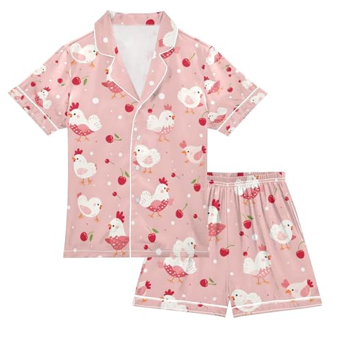 senya Cute Chicken with Cherry Satin Summer Pajama Sets Silk Short Sleeve Button Down Sleepwear