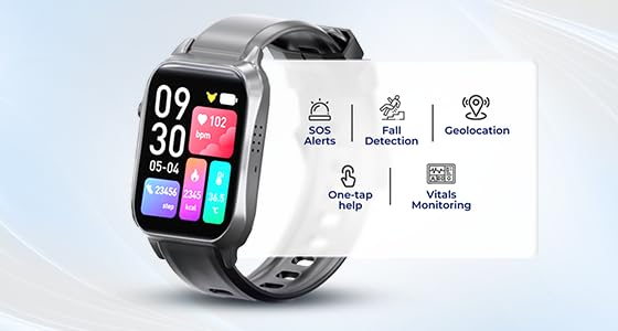 Image of Smartwatch for Seniors - SOS, Fall Detection | BP, Heart Rate, SPO₂, Temp | Sleep and Step Tracker | App Access for Shopping and Engagement | Water Resistant | Full Touch Display