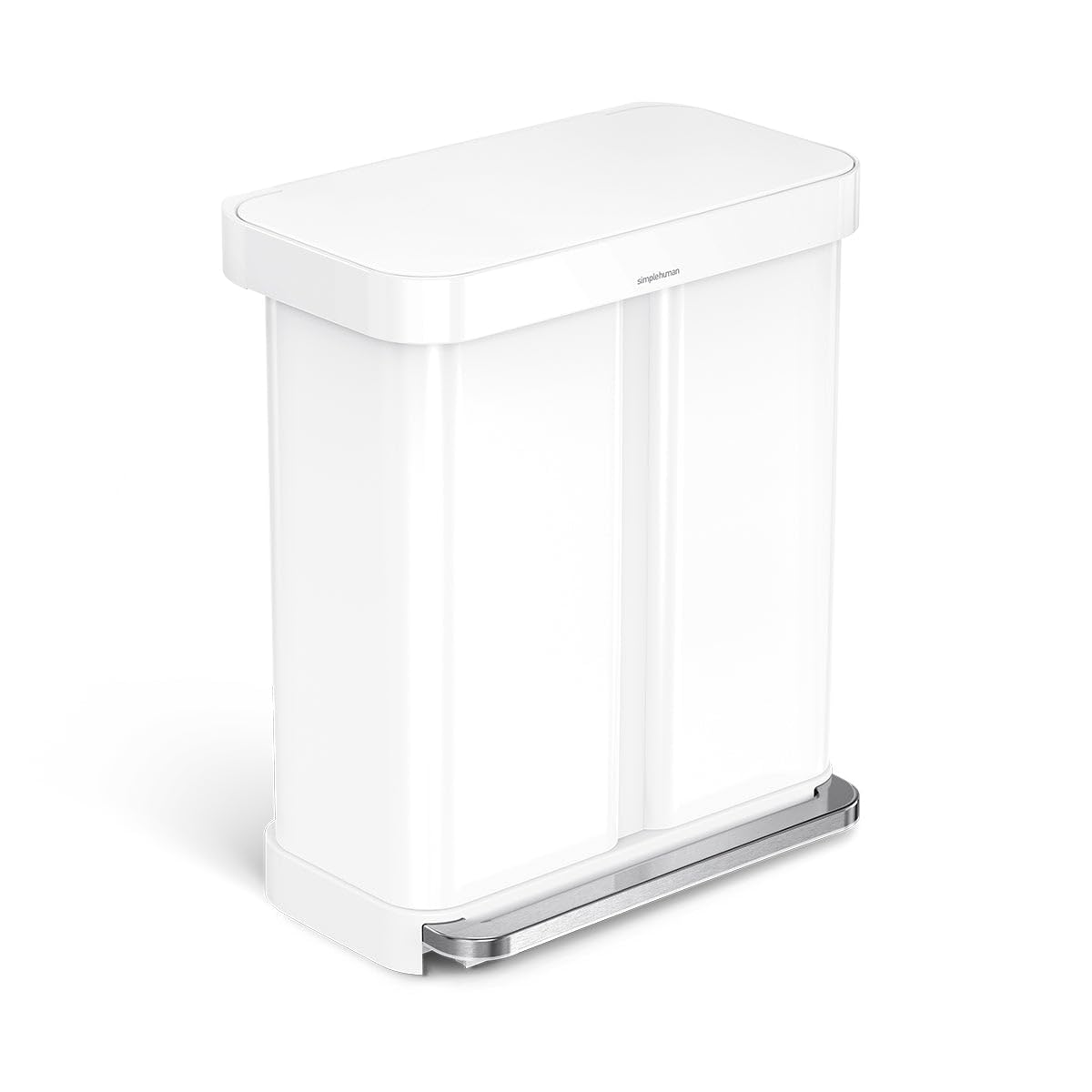 simplehuman Pedal Recycler, 58L Dual Compartment Kitchen Bin, 150,000-Step Pedal, Lid Shox® Technology, Liner Rim System, Liner Pocket®, White Steel with Plastic Lid
