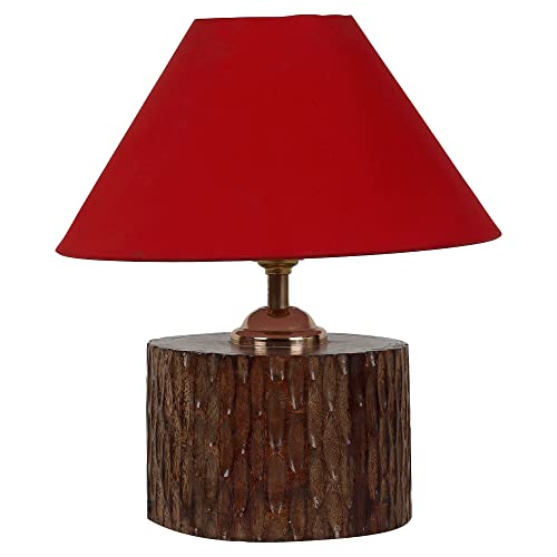 Image of tu casa Table Lamps with Mango Wood Base & Red Cotton Shades for Home Decor, Bedrooms, Living Room, Gifting, Diwali Decoration, Dining Space, Study Room, Hall (Height- 29cm) - Bulb not Included