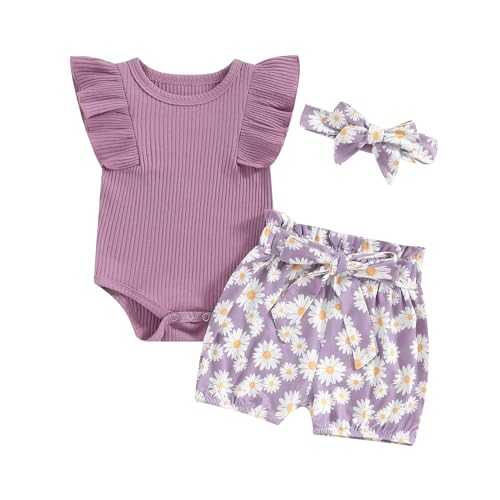 Image of Newborn Infant Baby Girl Summer Clothes Rib Frill Short Sleeve Romper Elastic Waist Shorts Headband 3Pcs Outfits Set