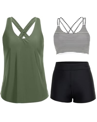 Image of Holipick 3 Piece Tankini Swimsuits for Women Tummy Control Bathing Suits Swim Tank Top with Bra Boy Shorts Teen Swimwear 2026