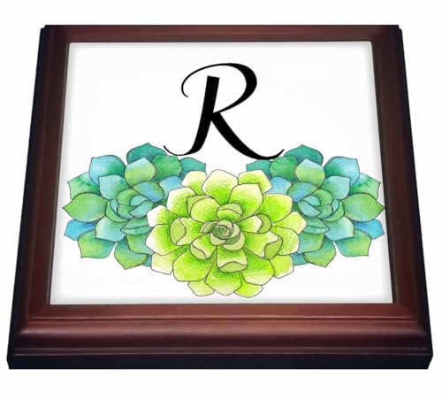 3dRose Pretty Watercolor Green Succulent Flowers Monogram R Trivet With Tile, 8